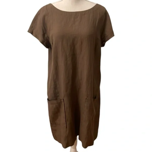 Eileen Fisher Brown Linen Ballet Neck Front Pocket Shift Dress Size Medium - Picture 1 of 10